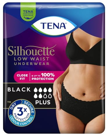TENA Silhouette Plus Pants - Biancheria intima a vita bassa, colore nero, taglia media, 100% protezione, vestibilità aderente, biancheria intima da donna per incontinenza | 1 confezione da 12