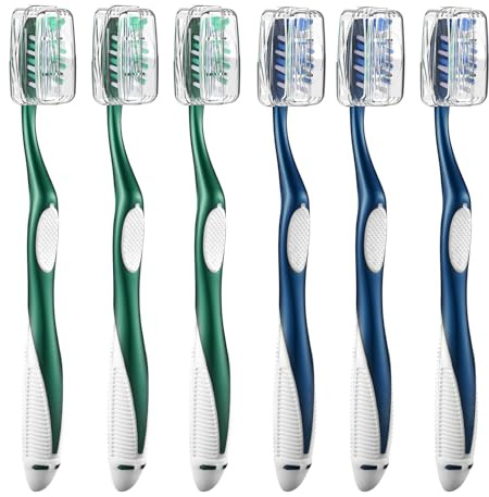 Fremouth Firm Toothbrushes with Covers for Adults, Cross Hard Bristles, with Built in Tongue Scraper, 6 Count
