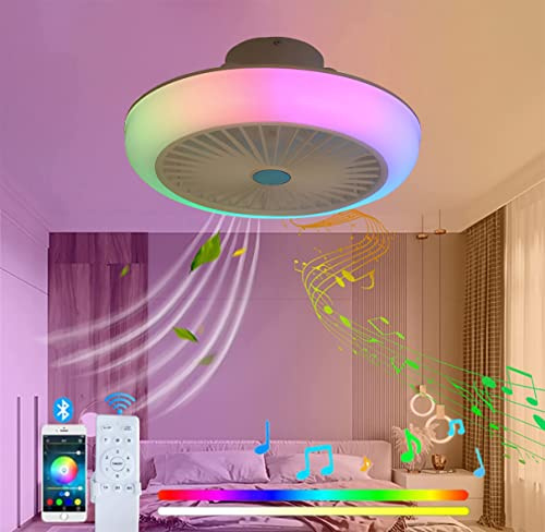 LED RGB Bluetooth Alexa and Google Assistant Bladeless Ceiling Fan Light with Speakers, Low Profile Colorful Ceiling Fan with The Change of Music Rhythm Summer & Winter Reversible-C