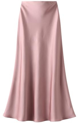 Onsoyours Femme Jupe en Satin Élégant Taille Haute Élastique Midi Jupes en Soie avec Fermeture Éclair Couleur Unie A Rose XL