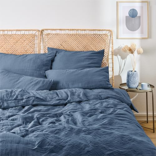 Blumtal Musselin Bettwäsche-Set 135x200 + 80x80 cm, Dunkelblau | OEKO-TEX zertifiziert, aus 100% Baumwolle, extra weich und bei 40 °C waschbar – leichte Sommerbettwäsche.