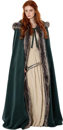 keland Capa de piel vikinga, capa medieval, terciopelo con capucha, color verde | Disfraz de vikingo para mujer y hombre, capa de piel con capucha, Halloween, cosplay, festival medieval, carnaval, invierno