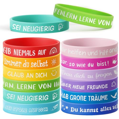 MEJOSER 24 Stück Motivationsarmbänder Kinder auf Deutsch 18cm Silikonarmband Mitgebsel Mitbringsel Kindergeburtstag Adventskalender Weihnachten Geschenk Schultüte Füllung Abschiedsgeschenk Schule