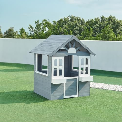 casa.pro Casetta Giocattolo da Giardino per Bambini in Legno di Abete Casetta da Esterno Senza Fondo per Bimbi con Finestre Fioriere Lavagna 138x120x102 cm - Grigio/Bianco