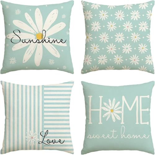 Hopomoon Juego de 4 fundas de cojín florales azules de 45 x 45 cm, para sofá o asiento de coche, diseño de crisantemo y vegetación