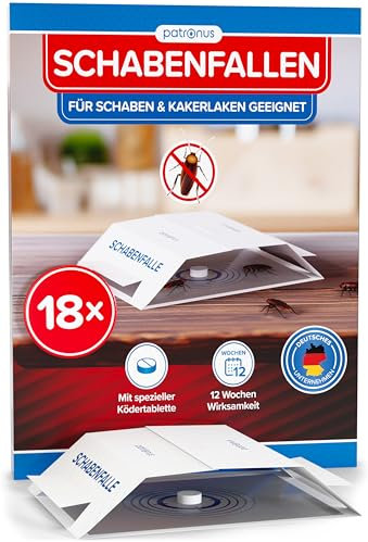 Patronus Schabenfalle [18 Stück] mit effektiven & giftfreien Ködertabletten, Starke Monitoring-Klebefalle, Kakerlakenfalle zur Befallsermittlung von Küchen-Schaben & Kakerlaken in Allen Wohnräumen