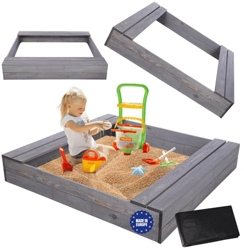 MODO24 Sandkasten mit Sitzbänken, Holzsandkasten, Gartenspielzeug für Kinder, Sandkasten für Garten, Outdoor Sandkasten mit Bänken, Abmessungen 120x117 cm, Farbe: Grau (imprägniert)