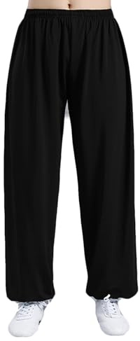 Pantaloni Tai di Tai Bianco/Nero Donne ， Calcole di Arti Marziali Uomini ， Pantaloni di Seta di Seta di Ghiaccio con Tasca con Tasca con Pantaloni Karate Casual(Size:M,Color:Black)