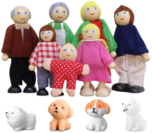 LYPPUL 11 Stück Puppenhaus Puppen, Puppenhaus Figuren mit 4 Hund, Biegepuppen, puppenhaus Holz für Kinder Spiel Haus Geschenk für ppuppenhaus Zubehör Geschenk