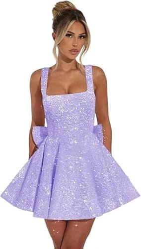 Vestidos cortos de lentejuelas para fiesta de cóctel, con tirantes delgados, con lazo, cuello cuadrado, mini vestidos de fiesta