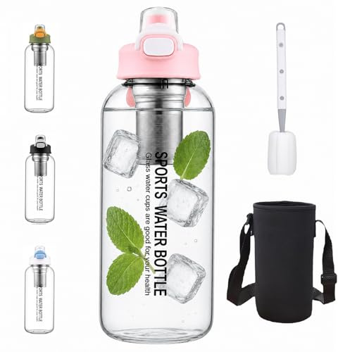 BOFITENG Borraccia in vetro borosilicato da 1,5 l, con cannuccia, filtro e spazzola, trasparente, a prova di perdite, per fitness, escursionismo, campeggio, scuola e ufficio, lavabile in lavastoviglie
