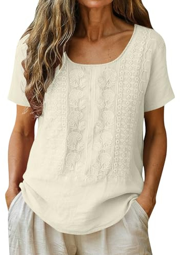 YNRENHNEE Maglietta Donna Maniche Corte in Lino e Cotone Camicia Estiva con Ricami T Shirt Casual Maglia Girocollo Tshirt Ampia Magliette Estive Blusa