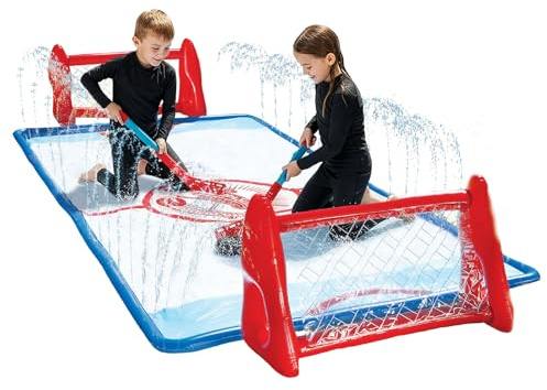 Wham-O Slip N Slide Wasser-Kniehockey-Set mit 2 aufblasbaren Toren, 2 Schlägern und 1 Puck für Garten und Rasen