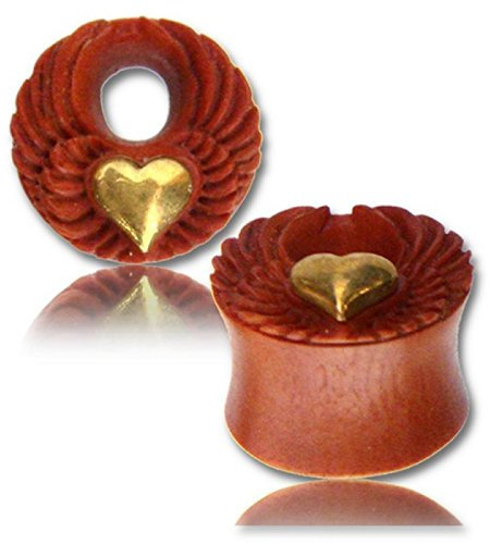 CHICNET Sawo Flesh Tunnel Holz rotbraun Brass Herz Engel Flügel Gold antik Plug nickelfrei Tribal Expander Organic 12 mm