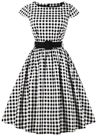 AXOE Femme Robe Vintage Années 50 Tissu Coton Respirant Coupe A-Line Ceinture Amovible Col Bateau Blanche à Carreaux Noir, Taille 42, L