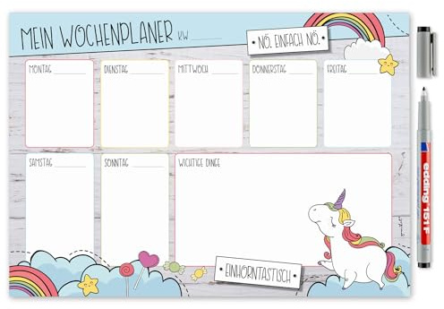 younikat Mein Wochenplaner Einhorn Motiv DIN A4 Whiteboard - dv402 | mit selbstklebender Rückseite, Whiteboard Wochen-Kalender Notiz-Liste Organizer, 1 Wochenkalender in DIN A4 297 x 210 mm