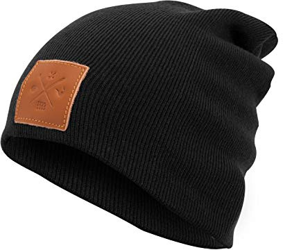 Manufaktur13 Slouch Beanie - Long Beanie Mütze, Strickmütze mit Echt-Leder/Stick Veredelung, Viele Farben zur Auswahl (M13)