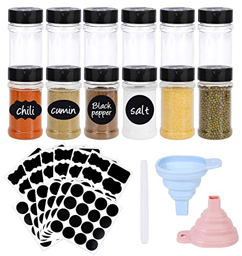 12Pcs Spice Jars with Shaker Lids, 6oz Round Plastic Spice Bottles with Funnel and Labels, Empty Seasonings Bottles for Spice Herbs Small Items Storage and Organization for Herbs, Sugar, Salt, Spices