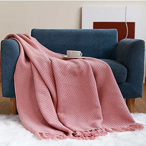 Zoomlie Gelb gestreifte Strickdecke mit dekorativen Fransen, Quasten, weiche Textur, Plüsch, reine Farbe, wendbare Decke für Betten, Sofas, Couch, Stühle, Einzelgröße (Rosa, 1)