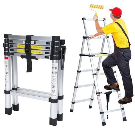 Sonnewelt Scala telescopica pieghevole, a 4+5 pioli, con telaio ad A, in alluminio, da 1,4 m+1,7 m, per riparazioni di tetti