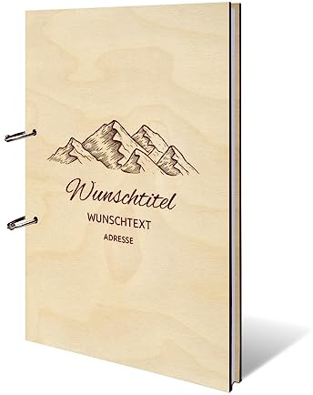 Personalisiertes Ferienwohnung Gästebuch echtes Holz DIN A4 Besucherbuch mit Lasergravur - Berge - mit 72 Blatt / 144 Seiten Naturpapier Weiß