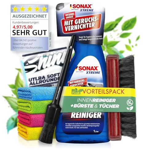 Polsterreiniger Set fürs Auto: ADBL Bonnet (1L) + Bürste + chemicalworkz Detailing-Pinsel + Shiny Freaks Mikrofasertuch – Textil & Polster Reiniger für Autositze, Teppiche, Sofa & Couch