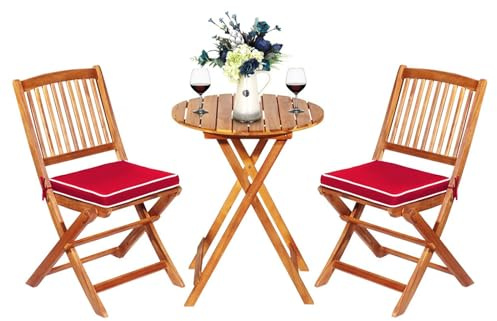 COSTWAY 3-TLG. Möbler för utemöbler i set, vikbart med runt bord och 2 stolar, ergonomisk sits av akaciaträ med 2 kuddar, bistroset för balkong, trädgård, terrass, bakgård (röd)