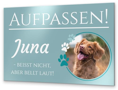 Farbiges Vorsicht Hund Schild mit eigenem Foto - Warnung vor dem Hund Schilder - Achtung Hund Schild wetterfest - Hundeschild Warnung Warnschild - Hundeschilder personalisiert aus Alu Dibond