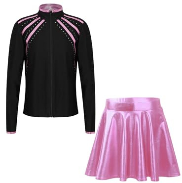 Yeahdor barn flickor konståkning kläder set långärmad konståkning rock med sportkjol tennis kläder set träning sport, ROSA, 134-140