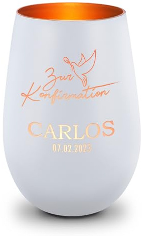 GRAVURZEILE Deko Windlicht aus Glas mit Gravur - Taube - Zur Kommunion Konfirmation & Taufe - Personalisiert mit Anlass Name Datum - Personalisierte Geschenke für Mädchen & Jungen - Weiß/Bronze
