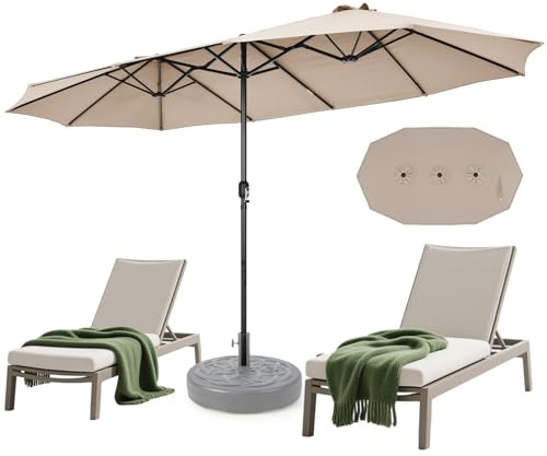 RELAX4LIFE Parasol de Jardin Extérieur 470X280 CM, Grand Parasol Double pour Jardin Terrasse Patio, Protection UV, Belaines Métalliques, Polyester Haute Densité, Manivelle, Sangle de Fixation (Beige)
