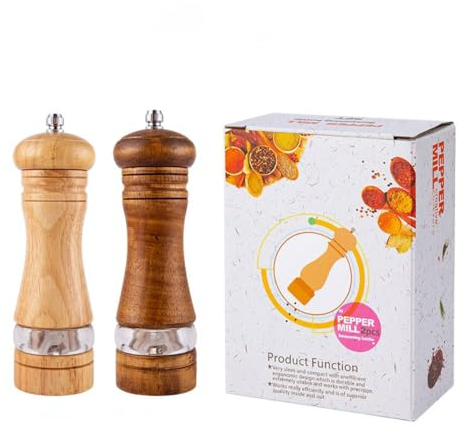 Manual Wooden Salt Mill, Set of 2, Salt and Pepper Mill, Ceramic Grinder, Spice Mills, Adjustable Grinding Level Fine to Coarse, Diameter 5 cm, Height 17 cm, Ideal Kitchen Aid and Gift Idea, Mix