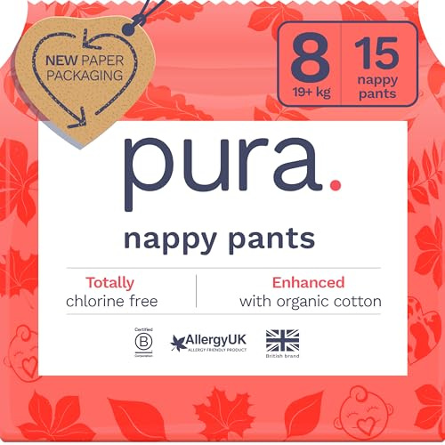 Pura Pañales Tipo Braguita Eco - Talla 8 (19kg+), 15, Tipo Braguita Desechables para Pieles Sensibles y Propensas a Alergias, Sin Fragancia, Fáciles de Rasgar por los Lados