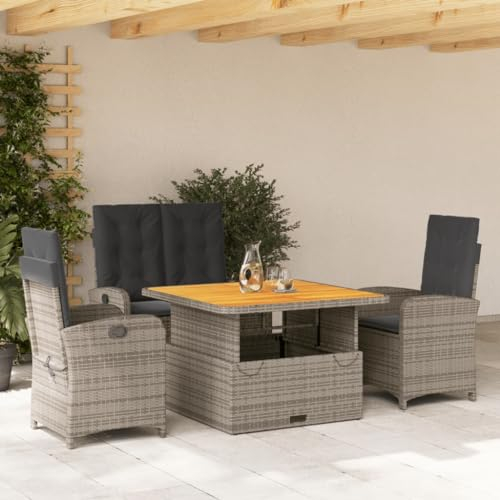 Gecheer 4-TLG. Garten Essgruppe 4 Personen Gartenmöbel Set Polyrattan Sitzgruppe Balkonmöbel Terrassenmöbel Loungemöbel Gartentisch mit 2 Stühlen und Gartenbank Garnitur Sitzgarnitur mit Kissen Grau