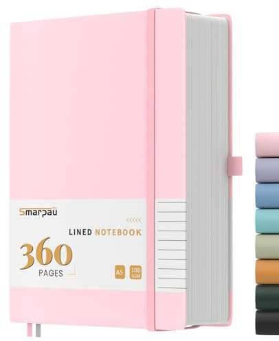 Smarpau 360 Pages Notebook A5 - Leather Lined Journal Notebook with 100gsm Thick Paper, College Ruled Journals for Women Men Writing School Office, 14.5 x 21cm - Pink