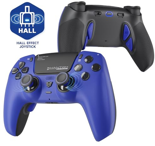 HEXGAMING PHANTOM Pro Controller with 4 Remappable Buttons, 6 Remapping Profiles, 8 Interchangeable Analog Stick, and Adjustable Triggers Compatible with ps5, PC, Mobile - Hall Effect Dream Blue