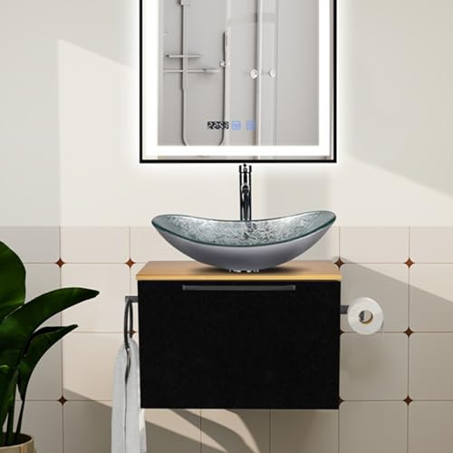ZealWe Badmöbel Set 2-teilig Waschbecken mit Unterschrank 60 cm mit Handtuchhalter Rollenhalter, Waschtischunterschrank hängend mit Waschtish 54 cm für kleine Gäste WC Waschplatz, Sliber