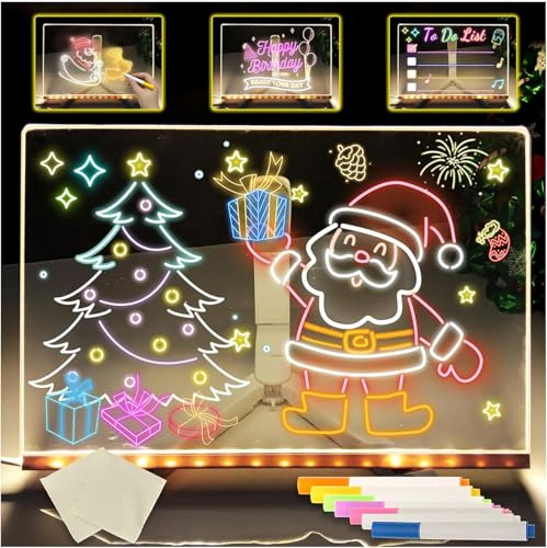 RUICUBEI Led Maltafel Kinder,Nachrichtentafel Mit LED-Leuchten, Transparente Acryl Tafel Notiztafel Abwischbar Drawing light,Mit 7 Neonstiften,Kreatives Geschenk Für Kinder Freundin(15 x 15 cm)