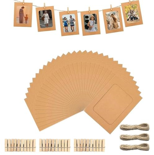 ROEOWENE 30pcs Cornice di Carta per Foto 10x15 Portafoto Cornice in Cartone Cornici per Foto da Parete con Corda+ Clips Cornici Carta Kraft fai da te Cornice da Appendere al Muro per Decorazione-Khaki