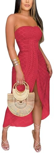 CHICME Women's Strapless Maxi Bodycon Dresses Wrap Asymmetrical Beach Maxi Long Dress Beach Sunset Dress Red-S