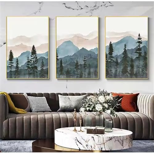 Ueiwffzo 3er Poster Set, Bergwald Wandbilder Aquarell Wald Malerei, Moderne Grün Wald Landschaft Bilder, Leinwandbilder Wandposter Wanddeko, Ohne Rahmen (40x50cm)