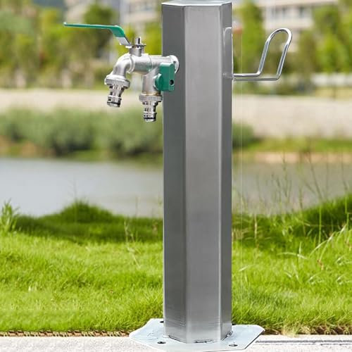 Fontana a colonna d'acqua da giardino in acciaio inossidabile, rubinetto autoportante per esterni con supporto per tubo flessibile, montaggio a pavimento, design cilindrico in acciaio inossidabile 304