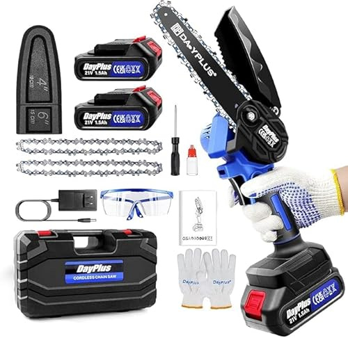 Mini Chainsaw Cordless 6 Inch, Small Hand Held Chainsaws, Electric Pruning Chain Saw with 2 Chains & Security Lock, Battery Chainsaw for Wood Cutting Tree Trimming (2 Battery and Charger)