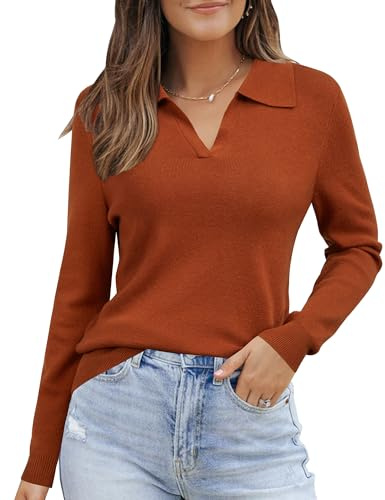 Arach&Cloz Women's Jumper Spring Fall Soft Long Sleeve Business Polo Knit Tops Wool Blend Sweater(Caramel, M)