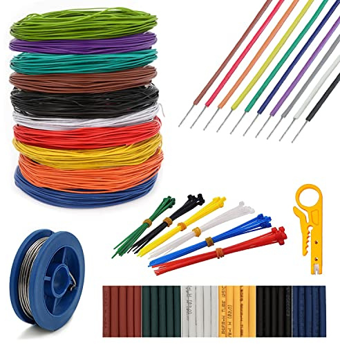 UL1007-28AWG Kit de cableado eléctrico para equipos electrónicos | de hilos múltiples de cobre estañado，bricolaje Alambres eléctricos ，incluye accesorios<16,5 pies x 10 colores>