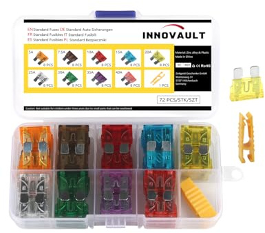 INNOVAULT kfz Sicherungen 72 Stk. Autosicherungen Standard 5A-40A je 8 Stück gemischte Flachsicherungen Set für PKW, LKW, Wohnmobil, Motorrad