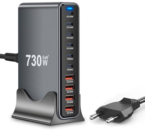 Lizoak 730W USB C Ladegerät - GaN Netzteil mit 10-Port Multi-Geräte Schnellladeleistung, PPS PD 140W Vertikal Ladegerät Mehrfach kompatibel mit iPhone, Laptop, MacBook Pro/Air, Galaxy(6C+4A)