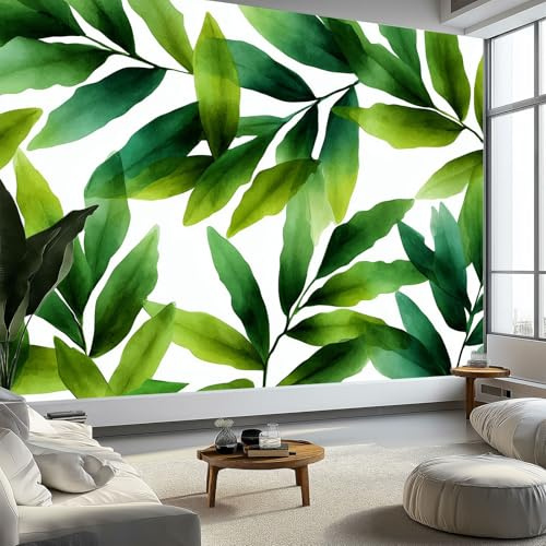 Carta da parati fotografica, effetto 3D, acquerello, foglie tropicali, 250 x 175 cm (larghezza x altezza), decorazione da parete per soggiorno, camera da letto, verde, in tessuto non tessuto con odori
