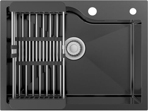 CECIPA 60 x 45 cm Lavello Nero in Acciaio Inox, Lavandino Cucina 1 Vasca | Lavelli Cucina con Foro e Cestello, per Mobile da 60cm, Lavandini Nero da Incasso o Banco, con Sifone e Scarico