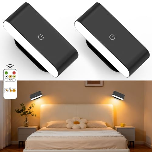 Lacasa Battery Operated Wall Sconces Set of 2, Rechargeable LED Wall Mounted Light with Remote Control, Stick On Magnetic Wall Lights for Bedroom, 3 Modes Dimmable Bedside Reading Wall Lamp for Indoor